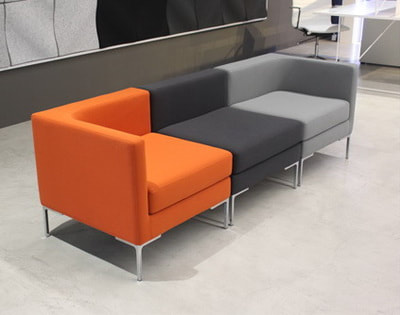 Pixel model orange, light grey and dark fabric modular office sofa and chrome legs