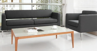 set of Italian design sofa in black leather with glass coffee table and wooden legs