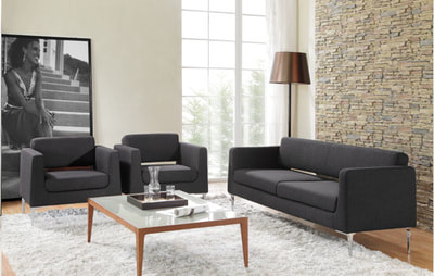 set of Italian design sofa two armchair and one love seat in black leather with glass coffee table and wooden legs
