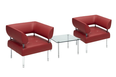 business class red leather armchair with chrome legs with glass tempered coffee table
