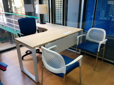 office desk white legs and visitor chair in white frame, blue color