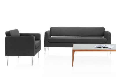 set of Italian design sofa chic model in black genuine leather with glass coffee table and wooden legs