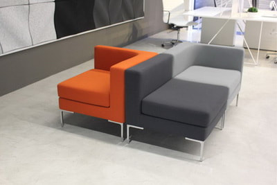 orange, light grey and dark grey fabric L shape lounge sofa and chrome legs