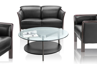 Rizzo slim couch for 2 persons in black leather wooden frame and with round glass table