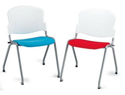 guest chair in red or turquoise seat and light gray back and silver frame
