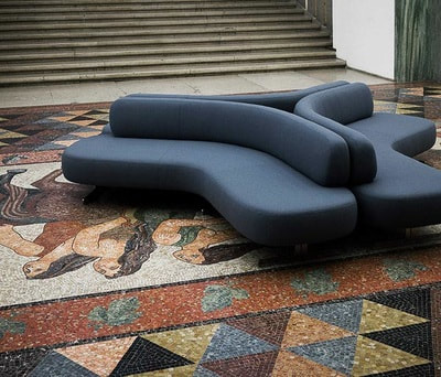 unique set of 3 lounge sofa upholstered in dark blue fabric for hotel reception