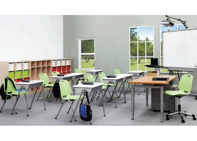 light green plastic classroom chair with teacher table and cabinets
