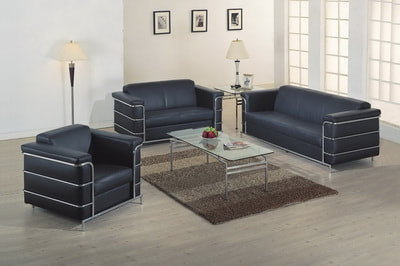 set of sofa 1+2+3 seat black leather with glass side table chrome frame 