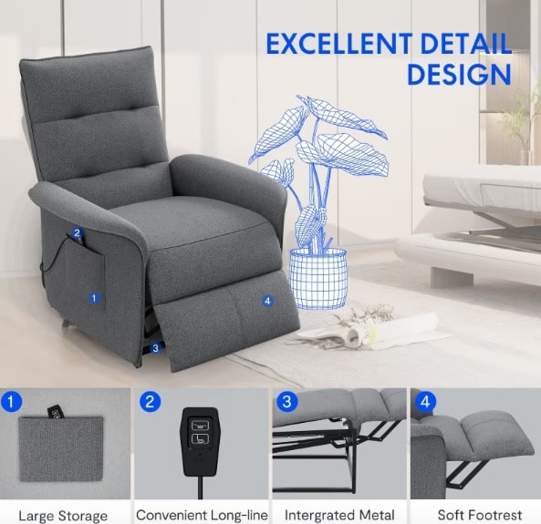 hidden storage, wired remote control, soft footrest for recliner chair