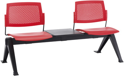 red perforated plastic back 3 seats with coffee table bench with v legs black frame